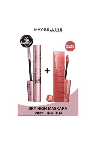 Maybelline New York Lash Sensational Sky High Maskara & Super Stay Vinyl Ink Uzun Süre Kalıcı Likit Parlak Ruj 15 Peachy pktlsshsstyvnly-9356 0