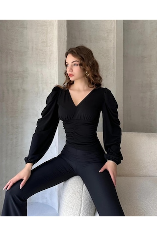 Markahit Defile V Yaka Drape Detaylı Crep Bluz Siyah