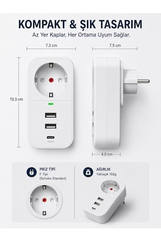 Termal Akım Korumalı Çoklayıcı Priz 2 USB-A 1 PD Type-C 1 Soket 3680W Güvenli