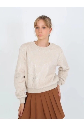 Kız Çocuk Peluş Işıltılı Kazak-14813 Bej