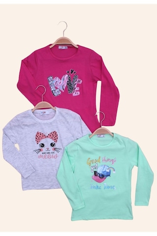 3'lü Love-cat Meow-good Things Baskılı Kız Çocuk Uzun Kol Fuşya-gri-yeşil Sweatshirt Çok Renkli