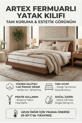 Kılıf Bamboo 140x200 Yatak Kılıfı Koruyucusu Örtüsü Fermuarlı Kapitone Fit Zippered Mattress Cover Natural