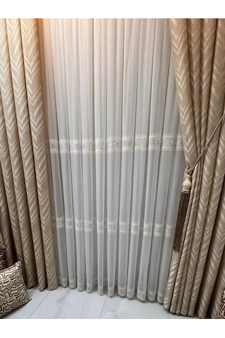 Nivemeshome Verona Gold Çiçekli 1/3 Pileli Tül Perde Ekru