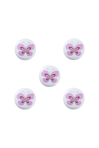 5 Adet Porselen Düğme Pembe Kelebek Çocuk Odası Kulp