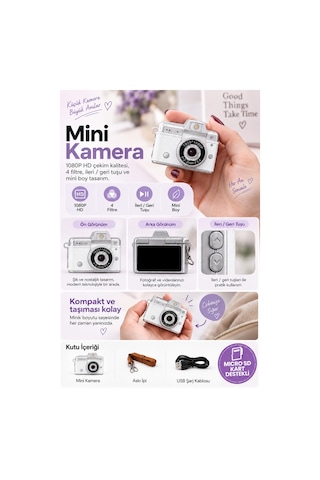 Mimtec Blm-110 Mini Retro Dijital Kamera - Flaşlı Katlanabilir Ekran 1080p Hd Video Selfie Vlog Kamerası Gri