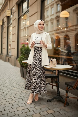 Unika Boutique Leopar Desenli Uzun Bürümcük Kloş Etek Kahverengi