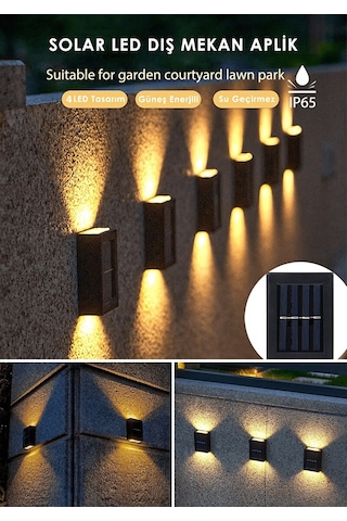 4 Led Li Solar Çift Taraflı Duvar Lambası Güneş Enerjili Siyah