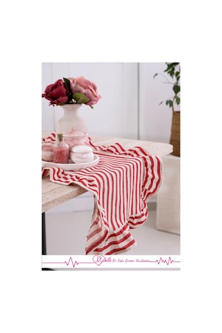 Kırmızı Çizgili 40x125 Şık Tasarım Ekstra Büyük Fırfırlı Runner, %100 Keten Runner Bej