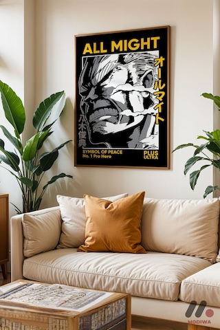My Hero Academia All Might Poster, Ahşap Çerçeveli Duvar Tablosu - Anime Severlere Özel Hediye
