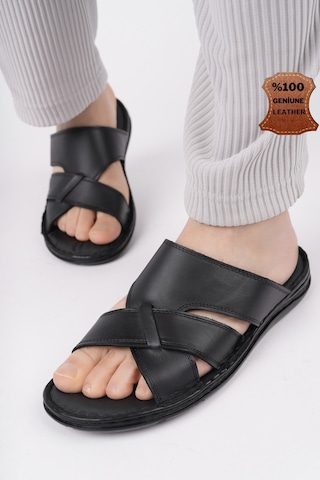 Muggo Eco Garantili Erkek Günlük Hakiki Deri Rahat Yumuşak Taban Ortopedik Terlik Siyah