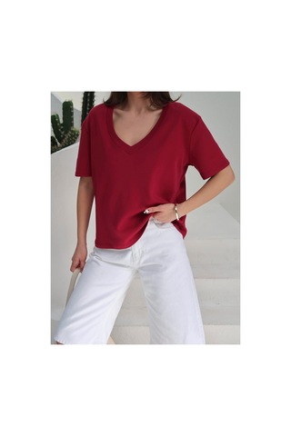 Paw Garage Kadın Massi İnterlok Kumaş V Yaka Oversize T-shirt Bordo