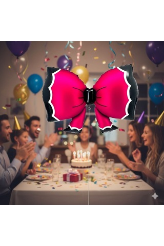 92x58 Cm Fuşya Bowtie Fiyonk Folyo Balon - Doğum Günü Parti Dekorasyon Balonu Çok Renkli