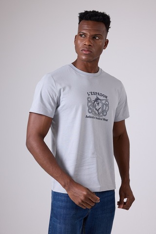 Marıne Tee Deniz Temalı Ribana Bisiklet Yaka Pamuk T-shirt-3138 Gri