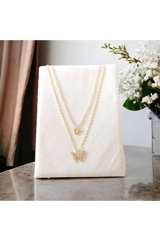 Çift Katlı Kadın Kelebek Kolye - Kararmaz Altın Kaplama