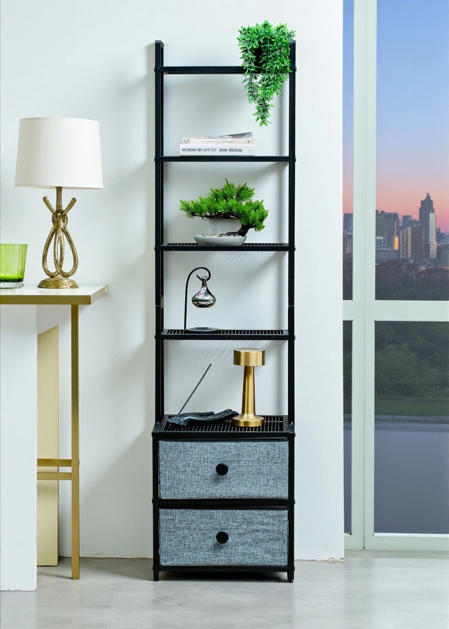 Dekoratif Siyah Metal Kitaplık 5 Raflı 2 Çekmeceli Komidin Çok Amaçlı Stand Organizer Siyah