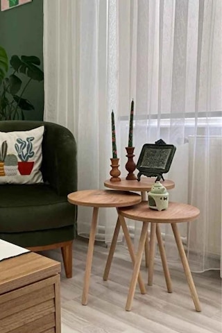 3'lü Zigon Sehpa Seti Saksılık Ve Çiçeklik Standı, Dekoratif Yan Sehpa Ahşap Ayaklı 33 Cm Çap - Atlantik Çam Atlantik Çam