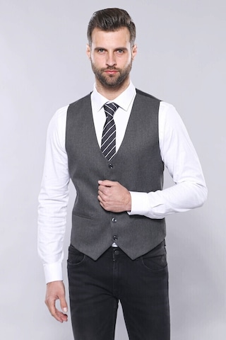 Düz Gri Slim Fit Yelek Ceket Set Wessi 001