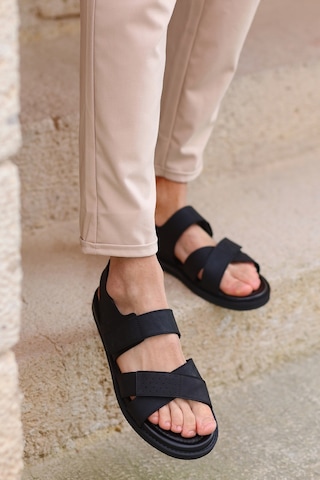 Hakiki Deri Kalın Bantlı Çift Cırt Cırtlı Ortopedik Erkek Sandalet Terlik Siyah