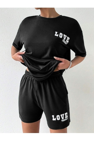 Love Yourself T-shirt Şort - Siyah Alt Üst Kombin Şort Tişört Takım Baskılı Oversize Bisiklet Yaka Siyah