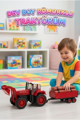 Dev Boy Oyuncak Traktör Ve Tomruk Römorku Seti Dev Boy 80 Cm Oyuncak Tomruk Yüklü Römork Seti