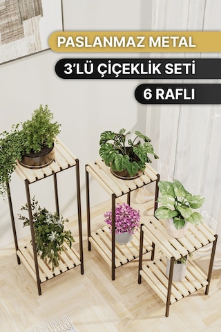 Bino Saksılık 3 Lü Set Ahşap Çiçeklik Dekoratif Lüks Bahçe Mobilyası Saksı Standı Bahçe Balkon Rafı