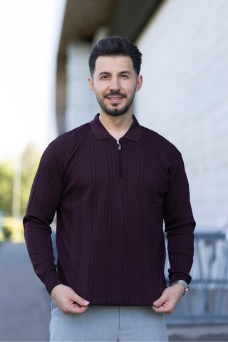 Hk Premium Triko Kazak Polo Yaka Fermuarlı Slim Fit Bordo