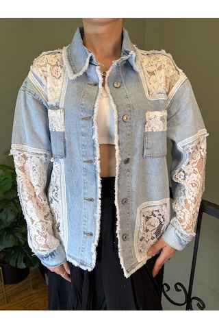 Ali Butik Beyaz Dantel Detaylı Denim Ceket