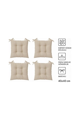 4'lü Sandalye Minderi Bağcıklı, Çökme Yapmaz Sünger Dolgulu, Yıkanabilir 40x40 Cm Krem Çok Renkli