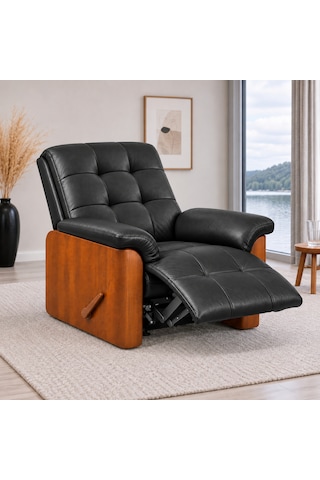 Smarto Relax Ceviz Ahşap Yan Panelli Gerçek Deri Manuel Mekanizmalı Yatar Ayak Uzatmalı Ergonomik Tv Koltuğu Baba Koltuğu Siyah