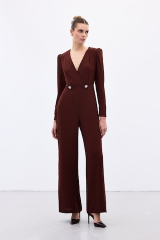 Sateen Kruvaze Süs Taşlı Krep Tulum - Bordo-136568 Bordo