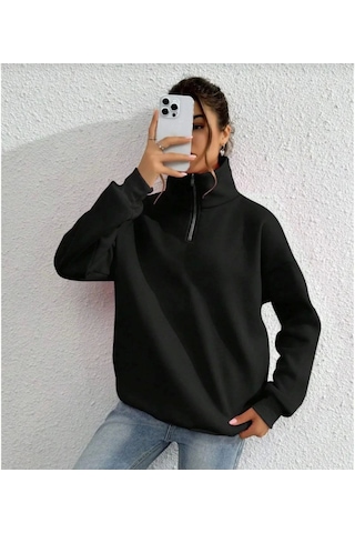 Mythrıva Unisex Uzun Kol Yarım Farmuarlı Yakalı Basic Sweatshirt - Siyah