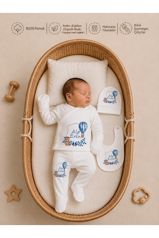 Pia Baby İsme Özel Erkek Bebek Hastane Çıkışı 6 Parça Zıbın Takımı Pamuk Organik Baskılı Erkek Bebek 1009zkyx Ekru