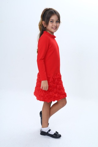 Toontoy Kız Çocuk Yaka Fırfır Etek 3d Güllü Elbise Kırmızı