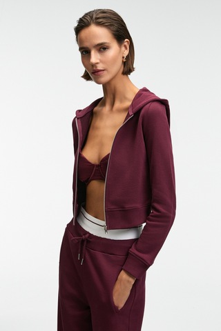 Grimelange COSIMA Kadın Metal Fermuarlı Kapüşonlu Crop Bordo Sweatshirt