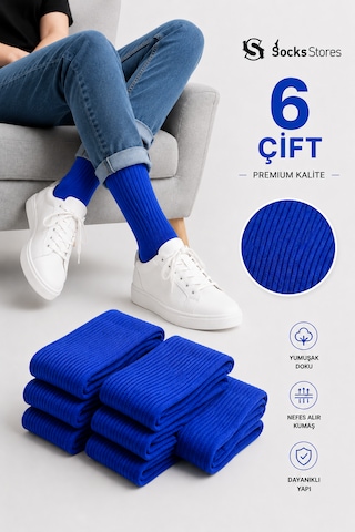 Socks Stores 6 Çift Unisex Renkli Pamuklu Soket Çorap - Renkli Tenis Boy Çorap Mavi