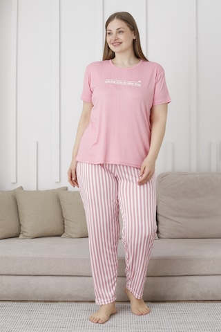 Wordex Mirano 3503 Çizgili Pijamalı Kısa Kollu Büyük Beden Pegasus Kumaş Kadın Pijama Takımı Pembe