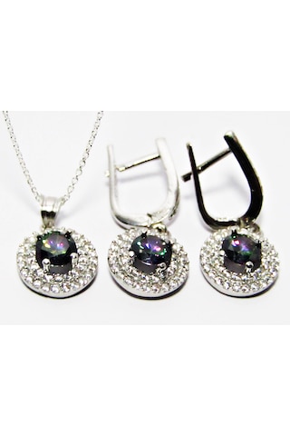 Lilahgümüştr Gümüş Mistik Topaz Taşlı Yuvarlak Kadın Kolye Küpe