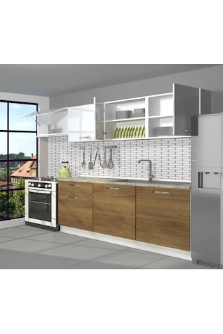 Decoraktiv Smart 240 Mdf Hazır Mutfak Dolabı - Tezgah Dahil - Pera Beyaz Beyaz - Meşe