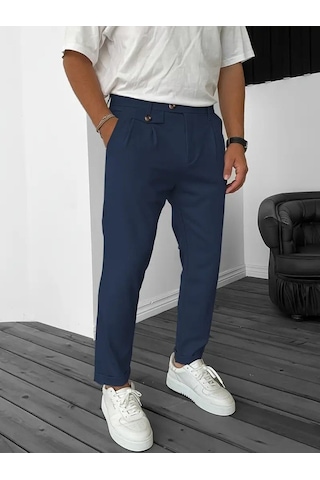 Erkek Belden Düğmeli Cepli Dokuma Pantolon Lacivert