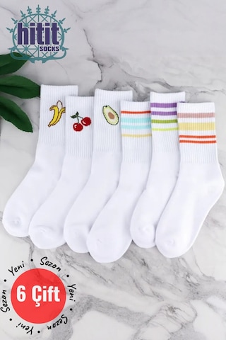 Hitit Socks Kadın 6 Çift Premium Kalite Renkli Çizgili Ve Meyve Desenli Nefes Alabilen Tenis Çorabı Beyaz