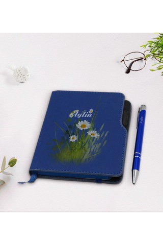 Kişiye Özel Papatya Temalı Lacivert Termo Deri Defter Kalem Seti- N11.141