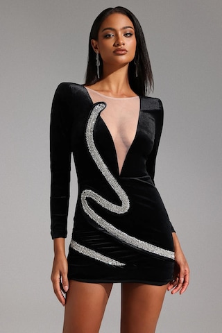 Kadife V Yaka Uzun Kollu Diamond Mini Elbise Siyah