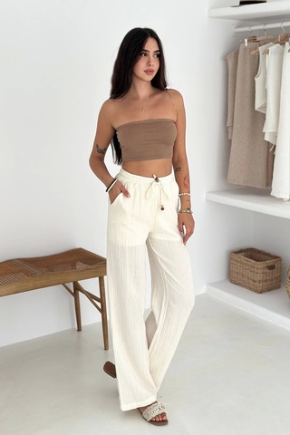 Beli Lastikli Geniş Paça Pantolon Ekru Ekru