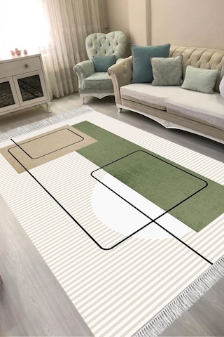 Alanur Kaymaz Yıkanabilir Dijital Baskılı Salon Halısı Trend Saçaklı Geometrik Al4052 Bej