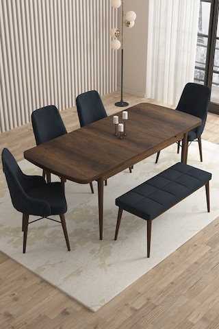 Loft Barok Desen 80x132 Açılabilir Mdf Masa Yemek Odası Takımı, Mutfak Takımı 4 Sandalye, 1 Bench Antrasit
