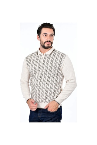Kamalı Erkek Çelik Örgü Gömlek Yaka Fermuarlı Polo Yakalı Çizgili Desen Tüylenmeyen Triko Kışlık Baba Kazak Taş