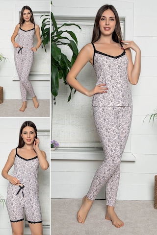 Kadın Ekru Renkli Dantel Detaylı Şortlu Ve Taytlı Pijama Takımı 3'lü Set 75030 Ekru