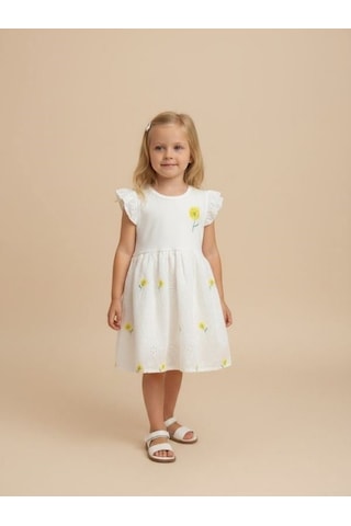 Zekids Kız Çocuk Pamuklu Çiçek Desenli Elbise-17234 BEYAZ