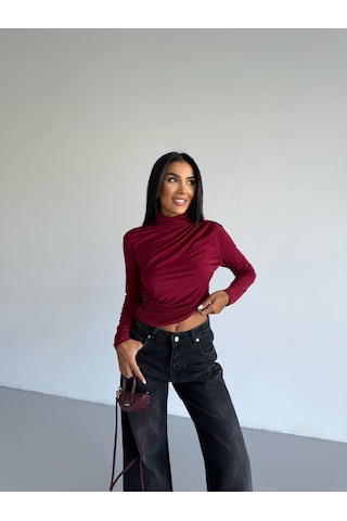 Trendhazan Boğazlı Drapeli Sandy Kumaş Bluz bordo
