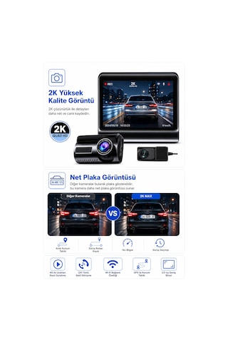 Bagajon 2k Max Araç İçi Kamera 4g Çift Kameralı Wifi Gps Uzaktan Canlı İzleme Gece Görüşlü G-sensör 24 Saat Park Modu